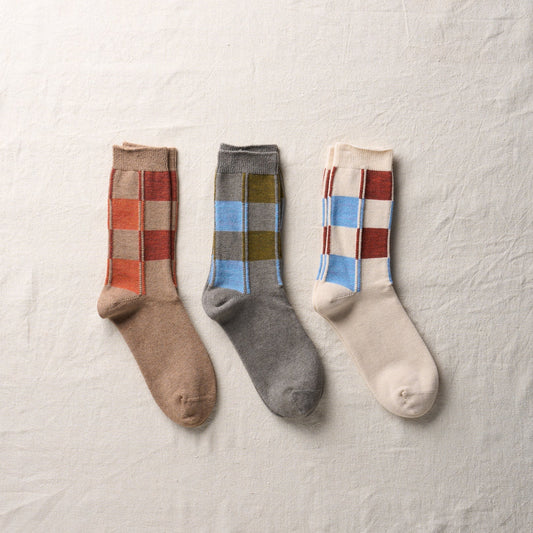 4-4009｜Organic Cotton Wool Yak Block Pattern Socks